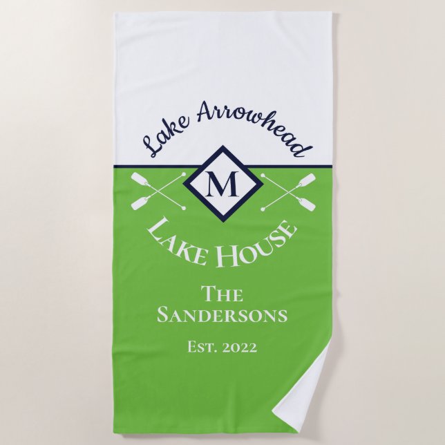 Serviette De Plage Nautique Vert Marine Bleu Blanc Monogramme Maison  (Devant)