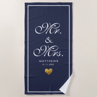 Serviette De Plage Navy bleu personnalisé or amour Coeur monsieur et