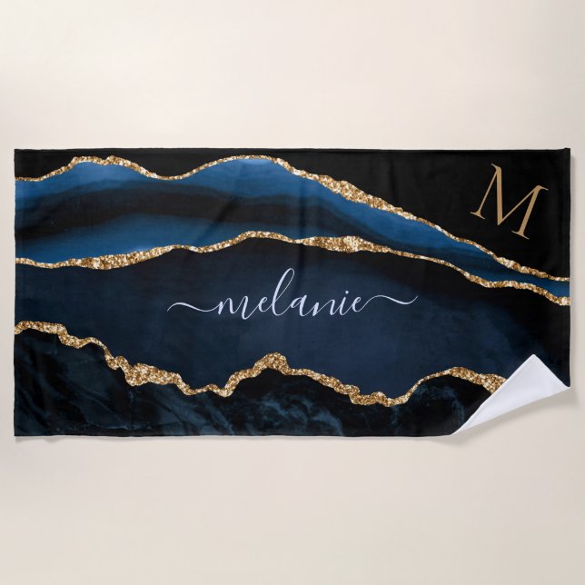Serviette De Plage Navy Blue Gold Personnalisé Votre nom Lettre Plage (Devant)