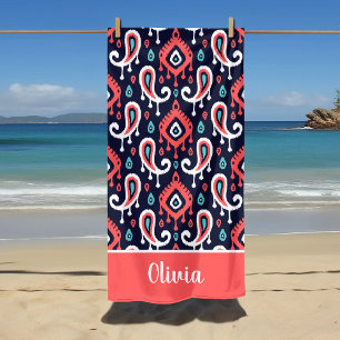 Serviette De Plage Navy et Corail Ikat Paisley Monogramme Personalisé