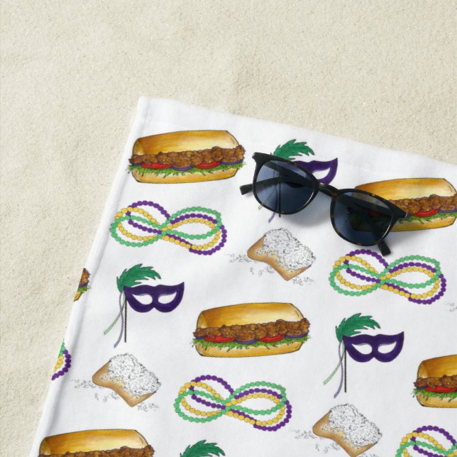 Serviette De Plage New Orleans Mardi Gras Beignet Beads Mask Po'Boy (En situation)