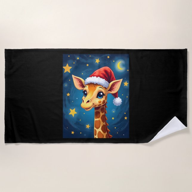Serviette De Plage Noël Giraffe Santa Hat Starry Nuit Fête L (Devant)