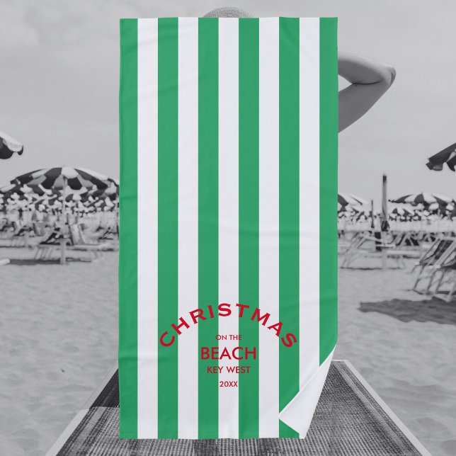 Serviette De Plage Noël Sur La Plage Custom Green Cabana Stripe (Créateur téléchargé)