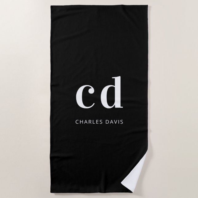 Serviette De Plage Noir blanc monogramme initiales nom minimaliste (Devant)