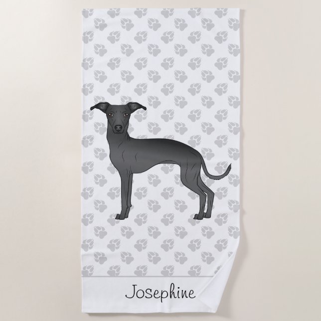 Serviette De Plage Noir Italien Greyhound Cute Chien Avec Nom Personn (Devant)