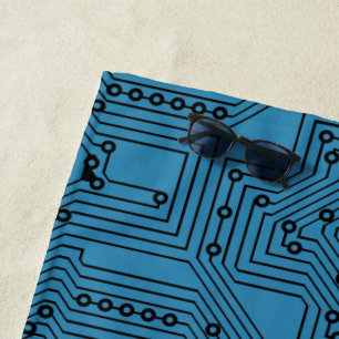 Serviette De Plage Noir Moderne Sur Carte Circuit Ordinateur Bleu Tur