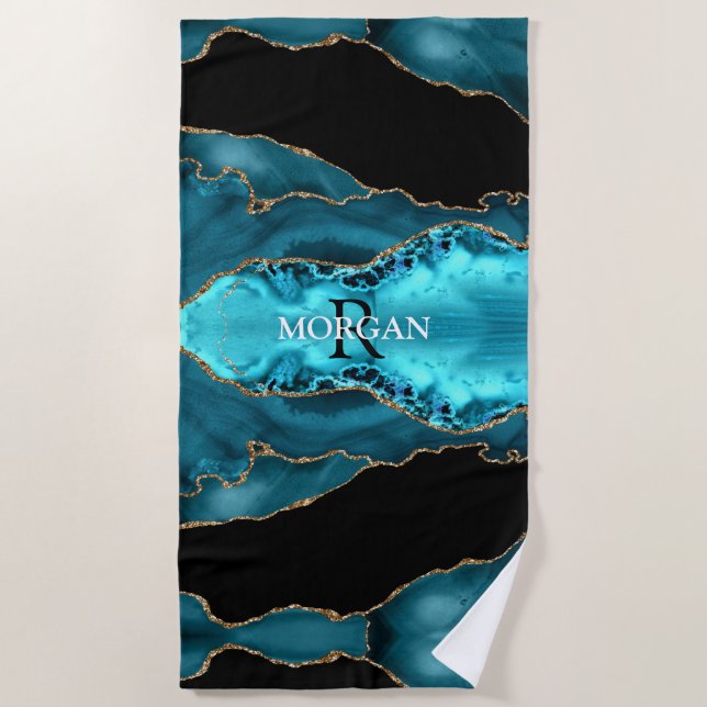 Serviette De Plage Noir Or & Turquoise Agate, Monogramme & Blanc Nom (Devant)