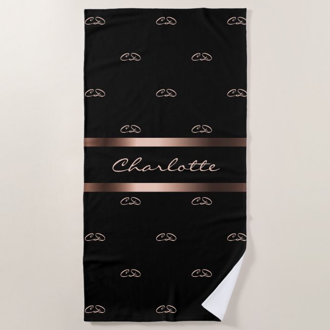 Serviette De Plage Noir rose or monogramme initiales nom du motif (Devant)