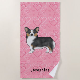 Serviette De Plage Noir Tri Pembroke Welsh Corgi Coeurs Avec Nom