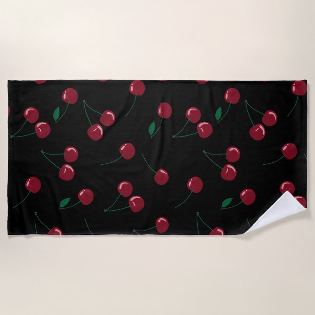 Serviette de plage noire Red Cherry (Devant)