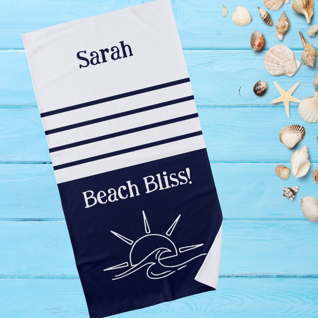 Serviette De Plage Nom Chic Marine Blue Stripes Océan (Créateur téléchargé)