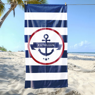 Serviette De Plage Nom d'ancre nautique rayures bleu marine