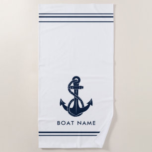 Serviette De Plage Nom de bateau personnalisé avec ancre bleue marine