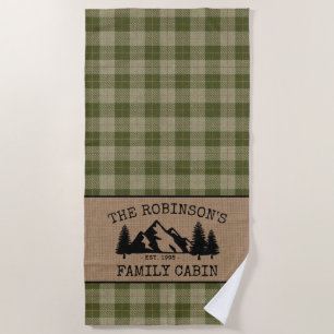 Serviette De Plage Nom de famille Cabine Arbres Sage Green Plaid Burl
