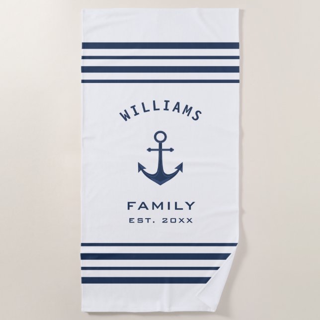 Serviette De Plage Nom De Famille Personnalisé Nautique Blanc Et Bleu (Devant)