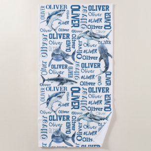 Serviette De Plage Nom de garçon personnalisé avec collage requin