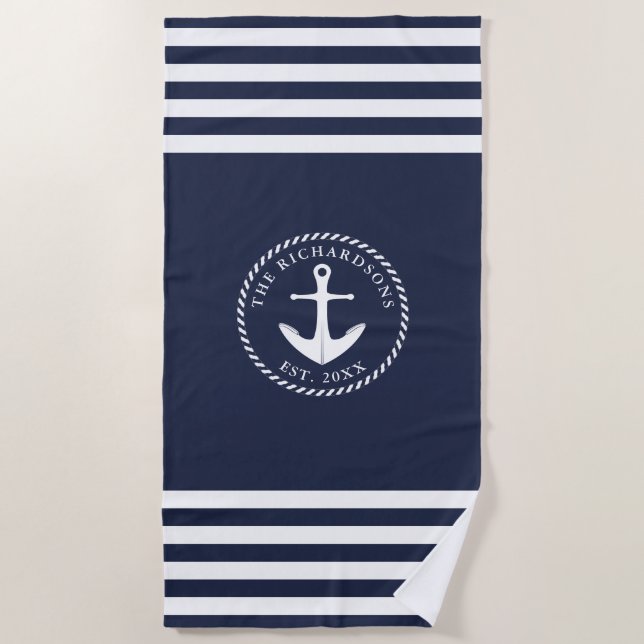 Serviette De Plage Nom de l'Ancre marine moderne bleu blanc (Devant)