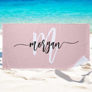 Serviette De Plage Nom de monogramme féminin écriture moderne rose él