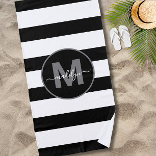Serviette De Plage Nom de script à monogramme à rayures noires et bla