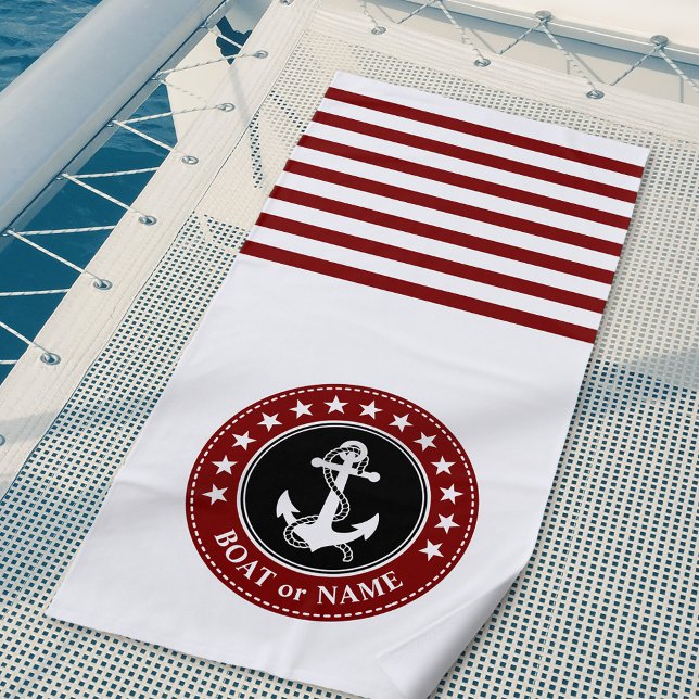 Serviette De Plage Nom du bateau Ancre nautique Étoiles Rayures Rouge (Créateur téléchargé)
