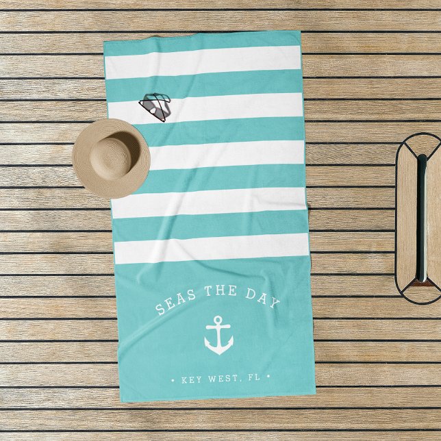 Serviette De Plage Nom du bateau Aqua & White Stripe (Créateur téléchargé)