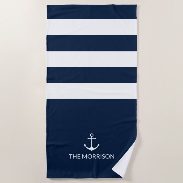 Serviette De Plage Nom du bateau nautique ancre blanche marine bleu B (Devant)