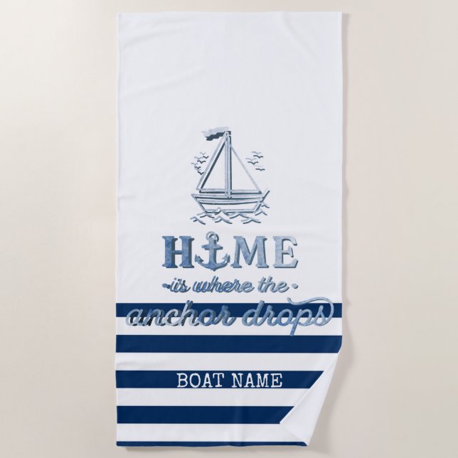 Serviette De Plage Nom du bateau nautique, Ancre Marine Bleu rayé (Devant)