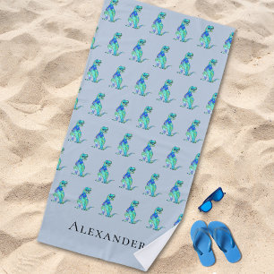 Serviette De Plage Nom du garçon personnalisé Dinosaur bleu