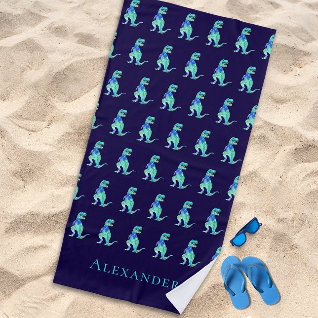Serviette De Plage Nom du garçon personnalisé Dinosaur bleu (Personalized boy name dinosaur blue green beach towel Jurassic T-Rex dino kids monogram name gift)