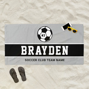 Serviette De Plage Nom du joueur de football gris et noir personnalis