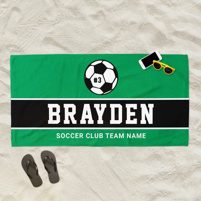 Serviette De Plage Nom du joueur de soccer vert personnalisé (Créateur téléchargé)