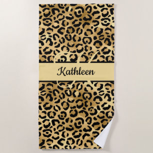 Serviette De Plage Nom du monogramme Léopard d'or noir Cheetah Imprim