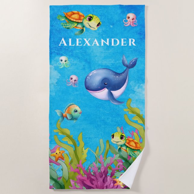 Serviette De Plage Nom du monogramme mignon Tortue de mer côtière (Devant)