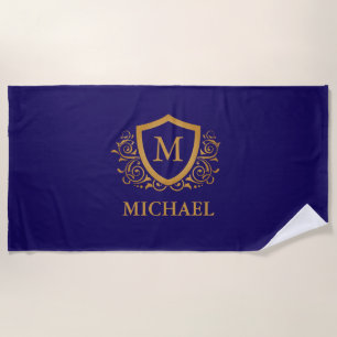 Serviette De Plage Nom du monogramme personnalisé bleu et or de la ma