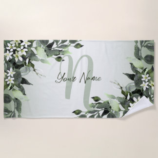 Serviette De Plage Nom du monogramme Vert Floral Eucalyptus Feuilles