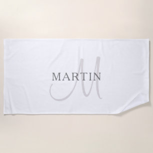 Serviette De Plage Nom élégant Monogramme & blanc & gris