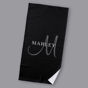 Serviette De Plage Nom élégant Monogramme Blanc noir et gris