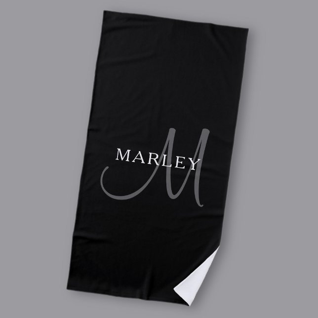 Serviette De Plage Nom élégant Monogramme | Blanc noir et gris (Créateur téléchargé)