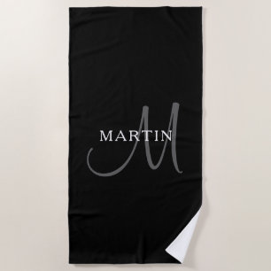 Serviette De Plage Nom élégant Monogramme Noir Blanc & Gris
