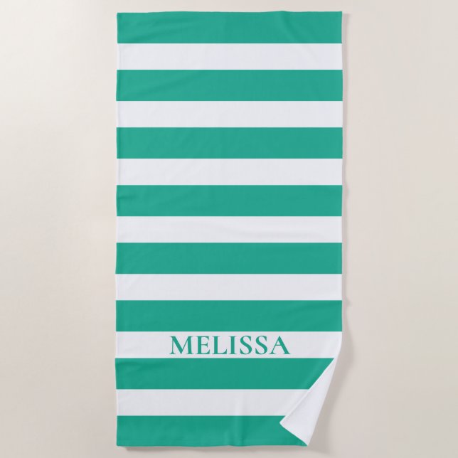 Serviette De Plage Nom En Grille Verte Et Blanche Cabana Stripe    (Devant)
