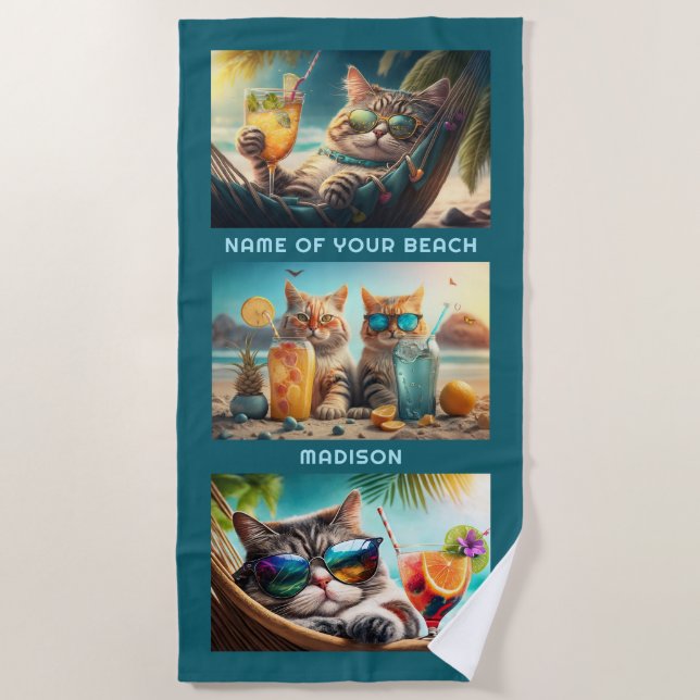 Serviette De Plage Nom et emplacement personnalisés Chats de vacances (Devant)