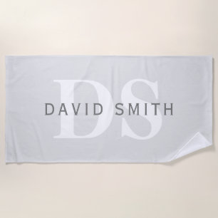 Serviette De Plage Nom et monogramme modernes Blanc gris clair et f