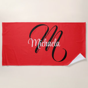 Serviette De Plage Nom initial minimaliste moderne monogramme rouge