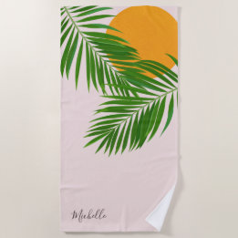 Serviette De Plage Nom minimaliste Rétro Tropical Coucher de soleil F