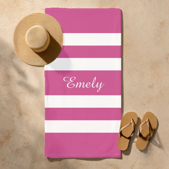 Serviette De Plage Nom moderne Piscine à rayures roses (Modern Name Pink Striped Pool Beach Towel)