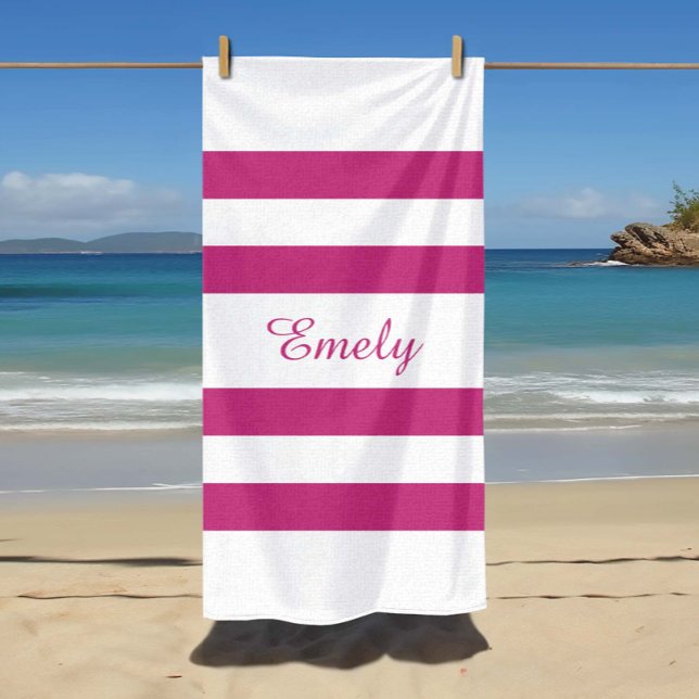 Serviette De Plage Nom moderne Piscine à rayures roses (Créateur téléchargé)