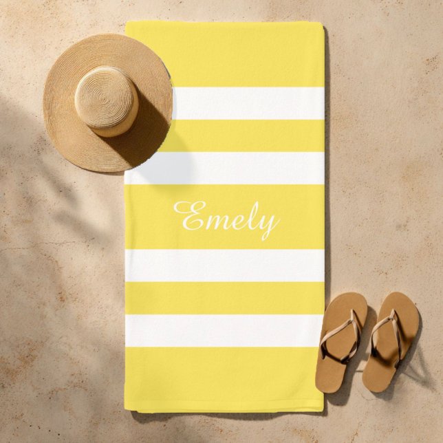 Serviette De Plage Nom moderne Piscine rayée jaune (Modern Name Yellow Striped Pool Beach Towel)