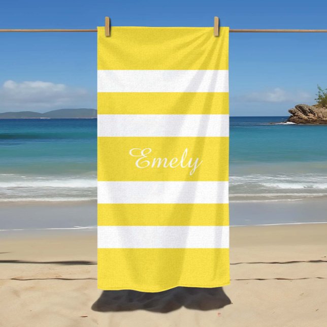 Serviette De Plage Nom moderne Piscine rayée jaune (Modern Name Yellow Striped Pool Beach Towel)