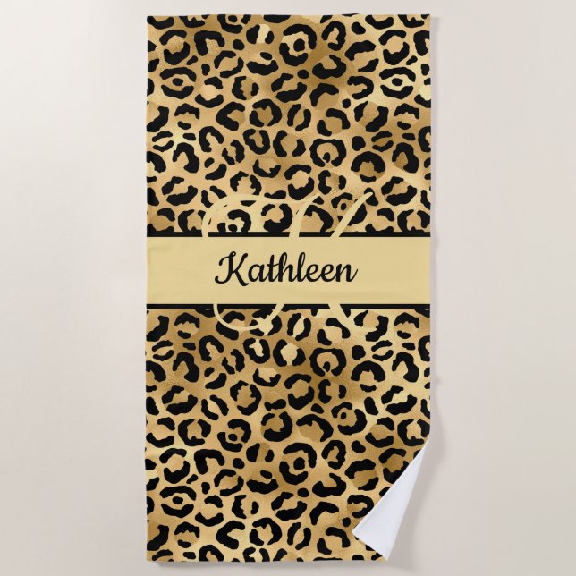 Serviette De Plage Nom Monogramme Imprimé Léopard Guépard Noir Or (Devant)