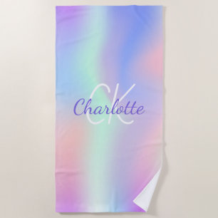 Serviette De Plage Nom monographique en violet rose holographique